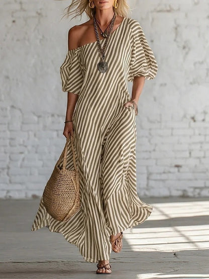 Women's Striped Off-Shoulder Elegant Midi Dress FitiqueFit