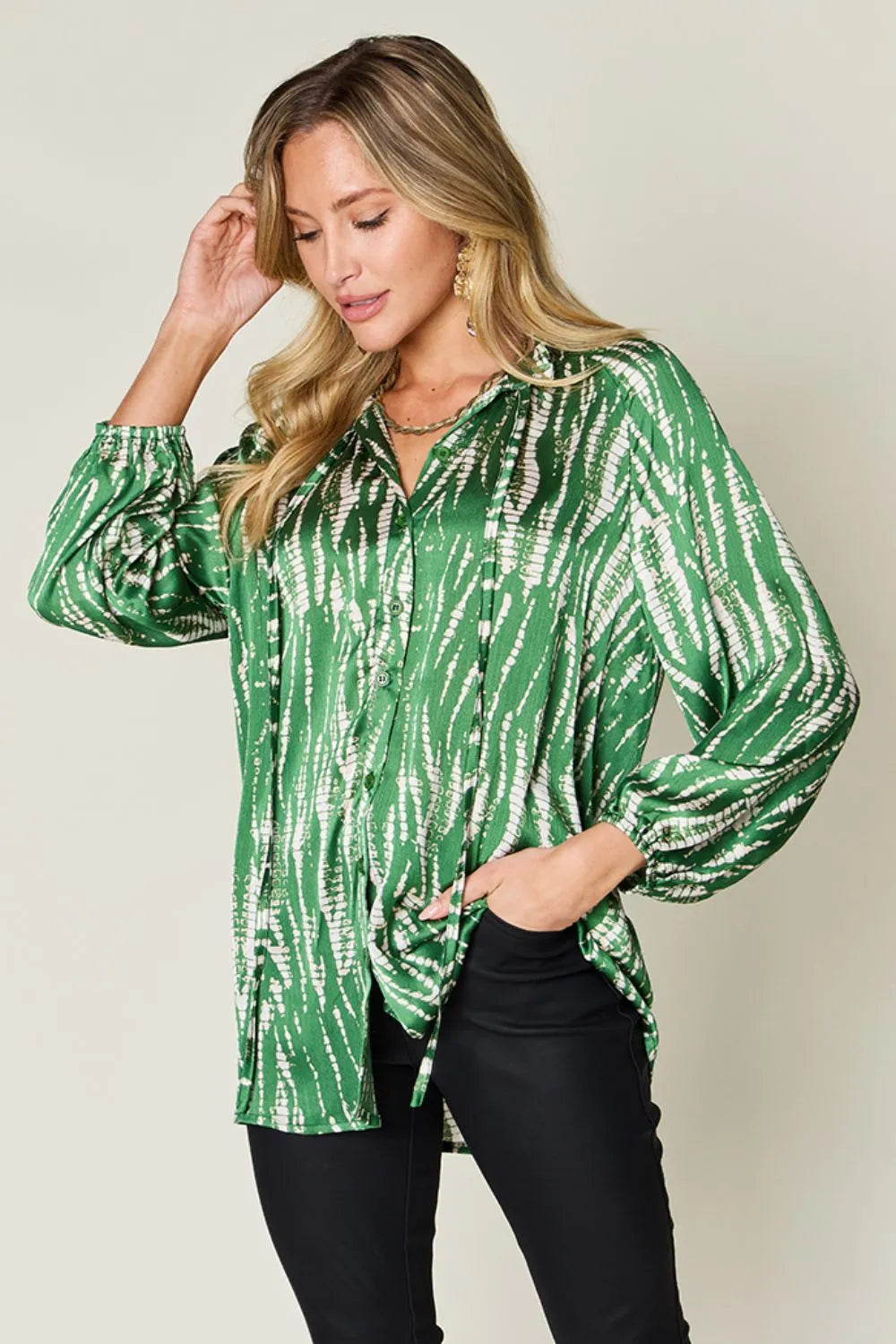 Double Take Full Size Printed Button Up Long Sleeve Shirt New Era Fashion LLc