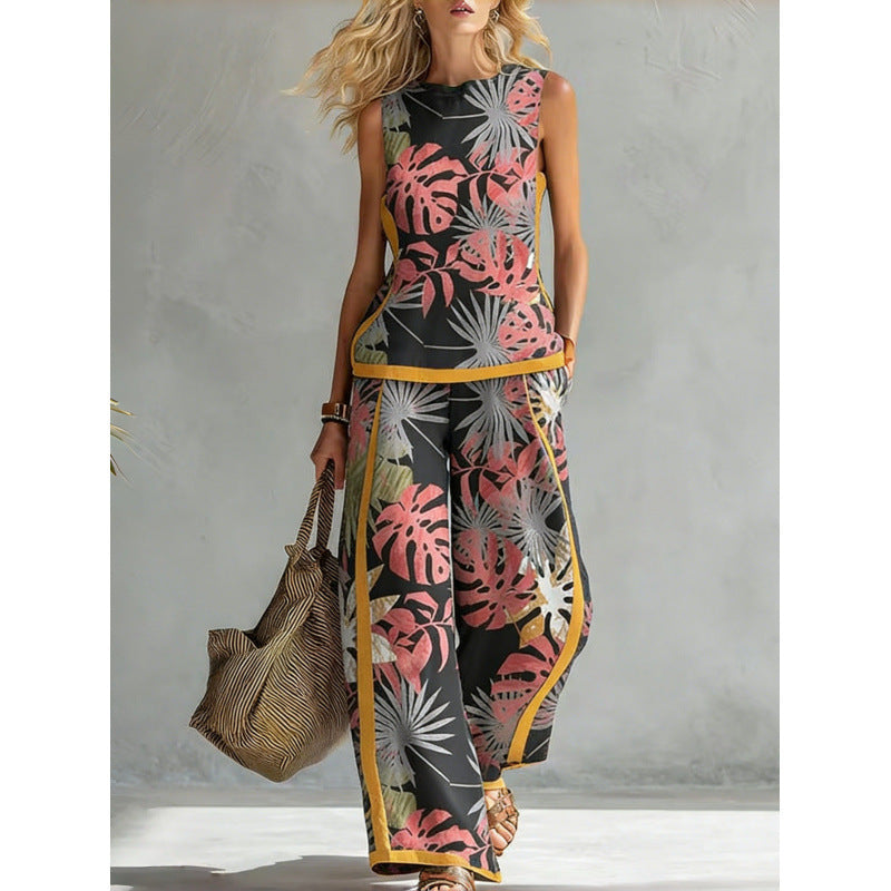 Printed Retro Sleeveless Top & Wide-Leg Pants Set | 12 Prints S–5XL FitiqueFit
