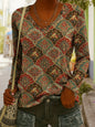Women's Ethnic Print V-Neck Long-Sleeve Pullover Top FitiqueFit