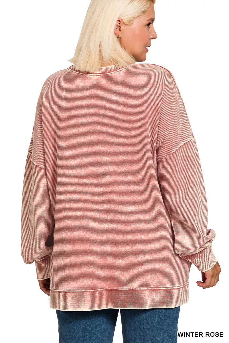 Zenana Full Size Acid Washed Double Ribbed Hi-low Sweatshirt Plus Size West2East Surf