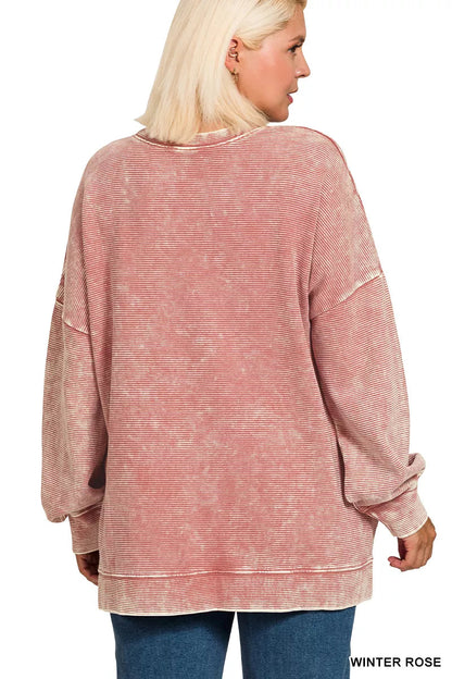 Zenana Full Size Acid Washed Double Ribbed Hi-low Sweatshirt Plus Size West2East Surf