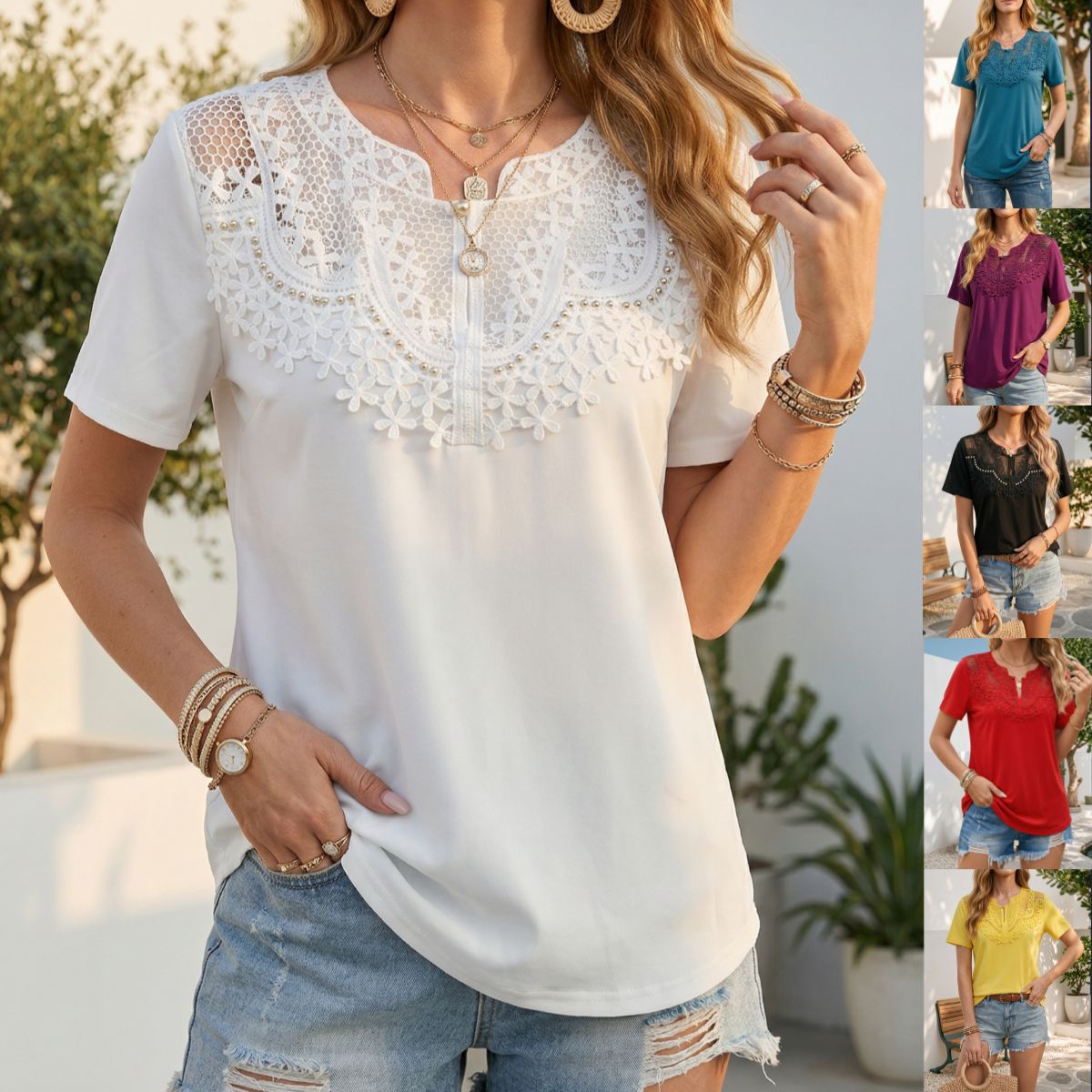 Women's Pearl-Trim Hollow-Out T-Shirt – Loose Fit, Short Sleeve, Casual Chic FitiqueFit