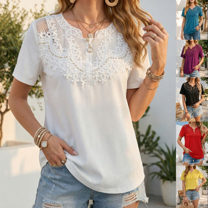 Women's Pearl-Trim Hollow-Out T-Shirt – Loose Fit, Short Sleeve, Casual Chic FitiqueFit