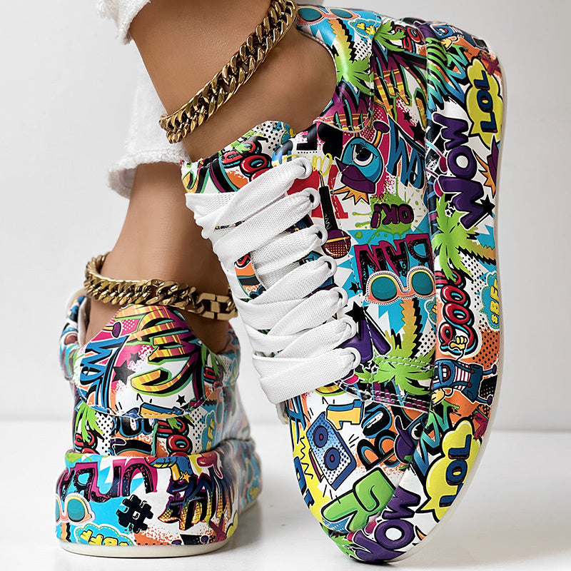 Round-Toe Thick-Sole Lace-Up Sneakers — Women’s Casual Print Shoes FitiqueFit