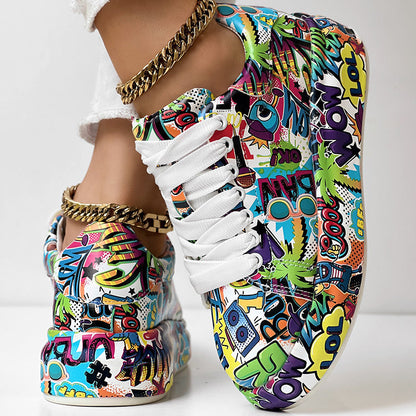 Round-Toe Thick-Sole Lace-Up Sneakers — Women’s Casual Print Shoes FitiqueFit