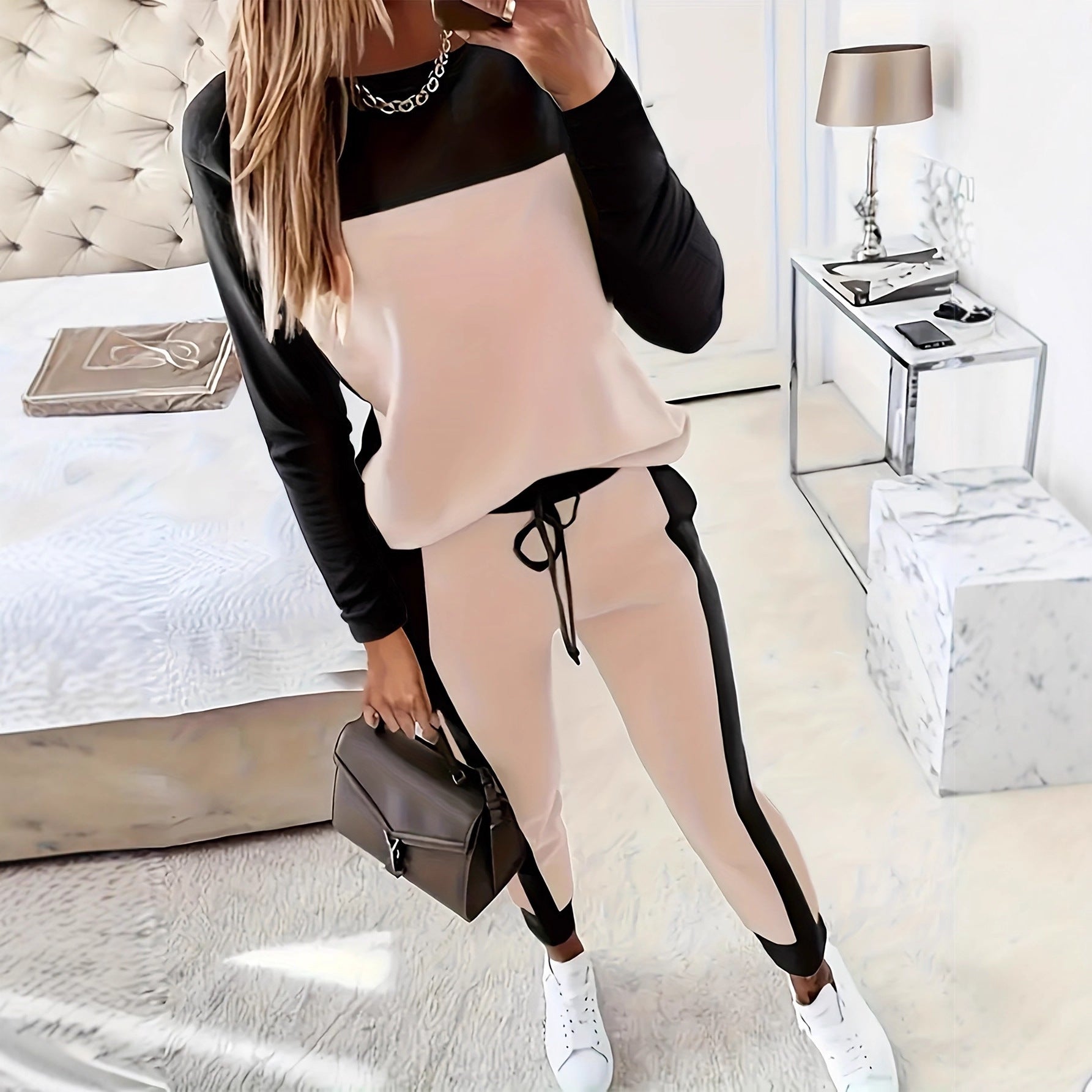 Women's Korean-Style Hoodie & Pants Two-Piece Set – Casual Patchwork FitiqueFit