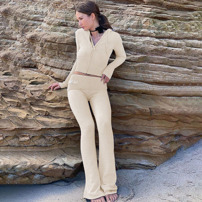 Women’s Knitted Hooded Two-Piece Set – Cardigan & High-Waisted Pants Suit FitiqueFit
