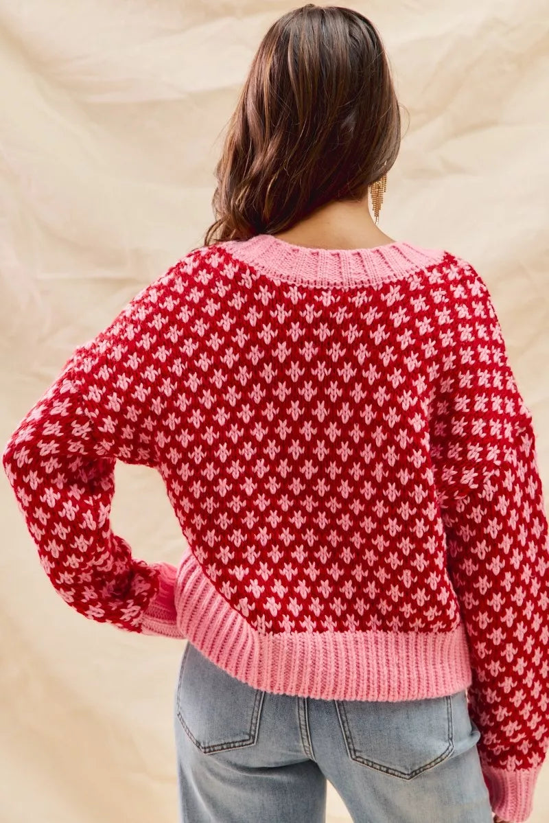 SO ME Color Block Textured Christmas Sweater V Neck Top FitiqueFit