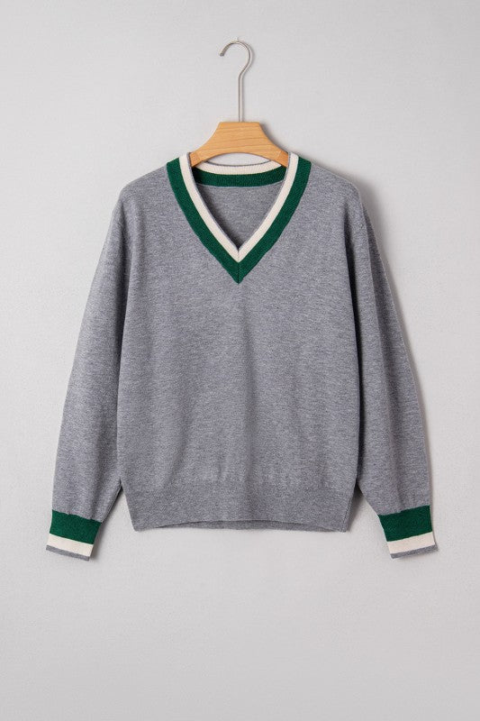 Varsity Stripe Contrast Trim V-Neck Sweater Shop Style & More | Fresh Looks, Everyday Deals & Free Shipping