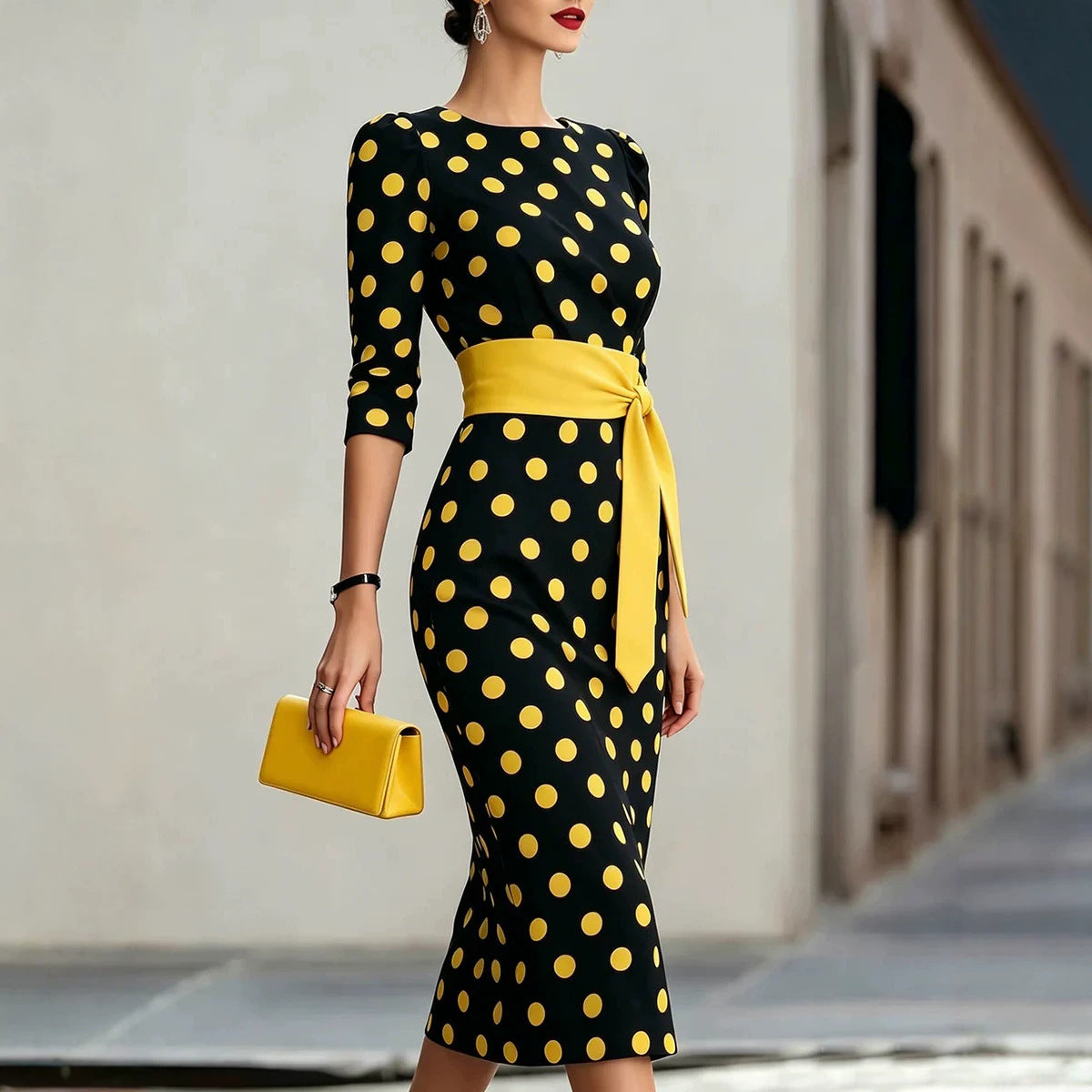 Women's Retro Polka-Dot Bodycon Midi Dress – Belted Cross-Tie FitiqueFit