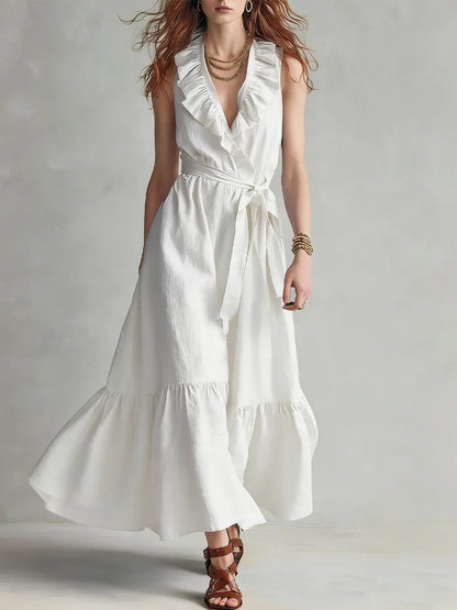 Women's V-Neck Sleeveless Lace-Up Panelled Maxi Dress – Wide Flare FitiqueFit