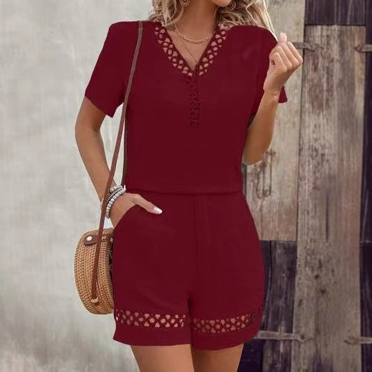 Boho Chic Lace Detail Outfit V-Neck Short Sleeve Summer Set FitiqueFit