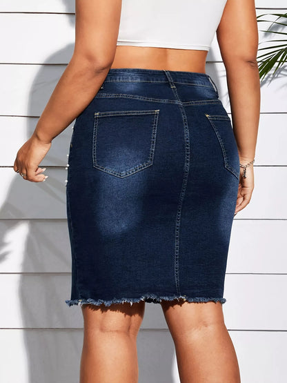 Plus Size Pearl Embellished Frayed Hem Denim Skirt See size chart under “more details” The Fashion Celestial