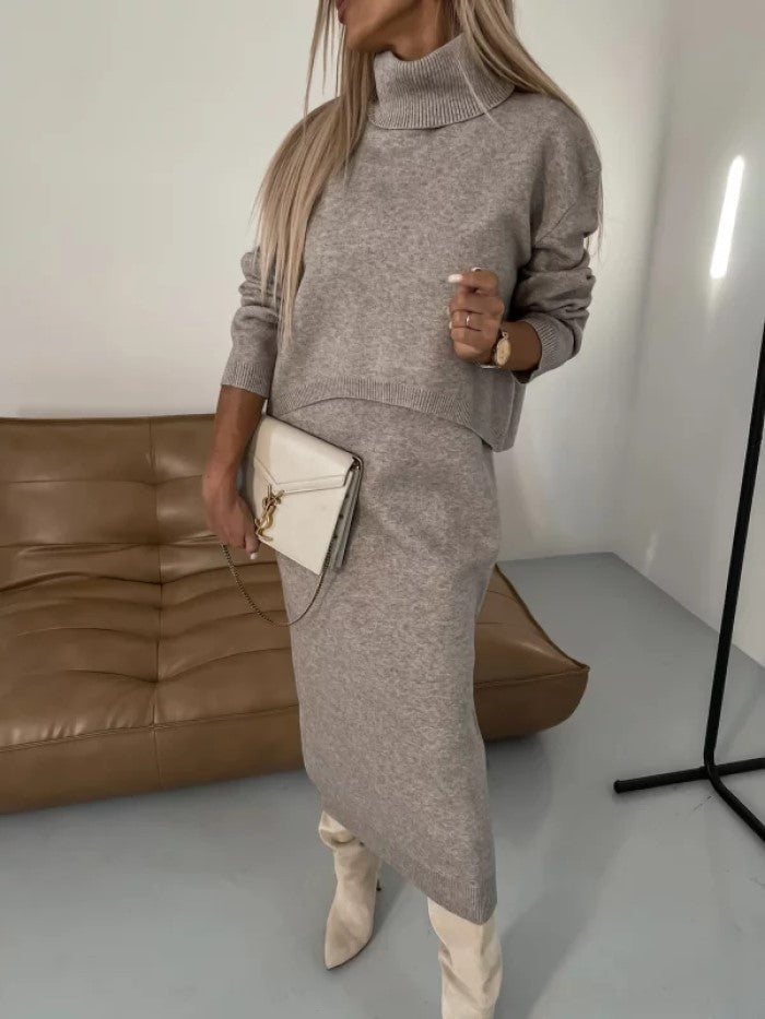 2pcs Sweater Suit Winter Fashion Turtleneck Pullover And Sleeveless Long Dress Womens Clothing Grayceful LLC