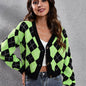 Women'S Elegant Tartan Knit Cardigan, V-Neck Short Length Sweater with Button Detail, Acrylic 100% Long Sleeve Knitwear for Fall/Winter NovaCart