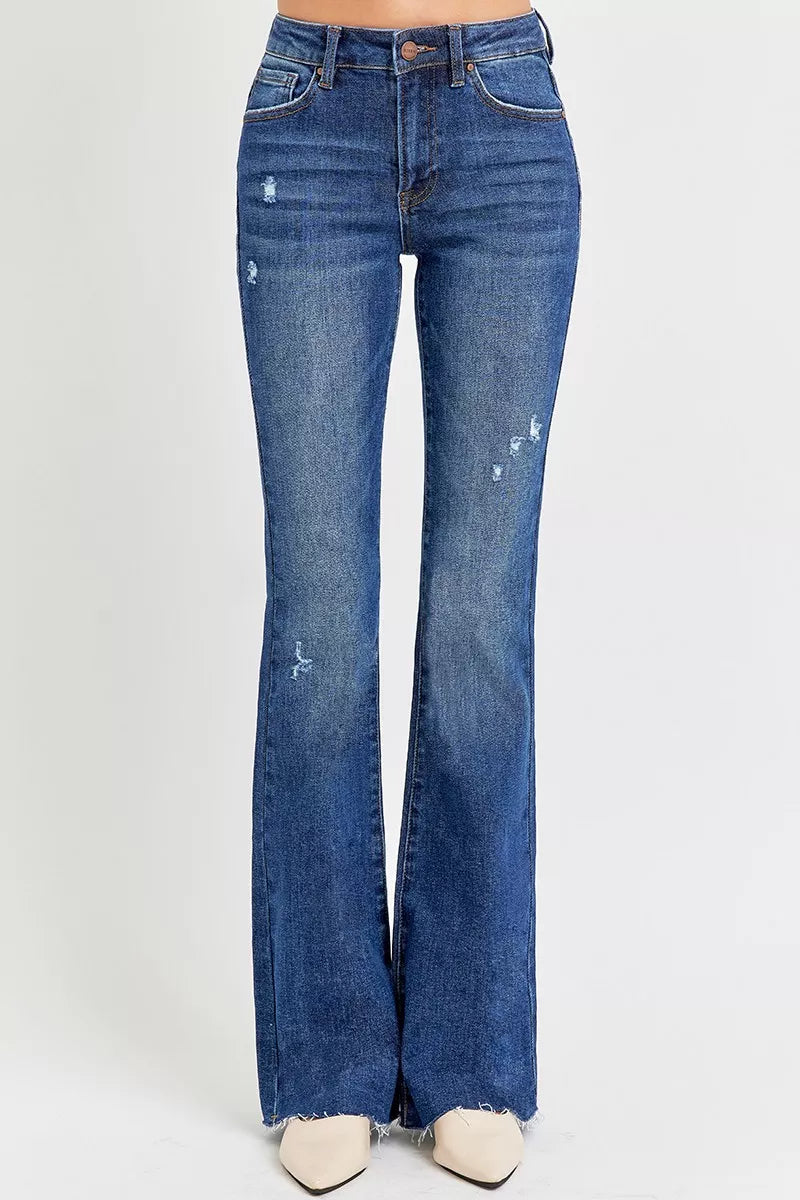 RISEN Full Size Distressed Mid Rise Flare Jeans Plus Size Garden Naked Curves