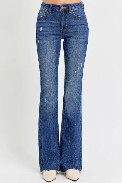 RISEN Full Size Distressed Mid Rise Flare Jeans Plus Size Garden Naked Curves