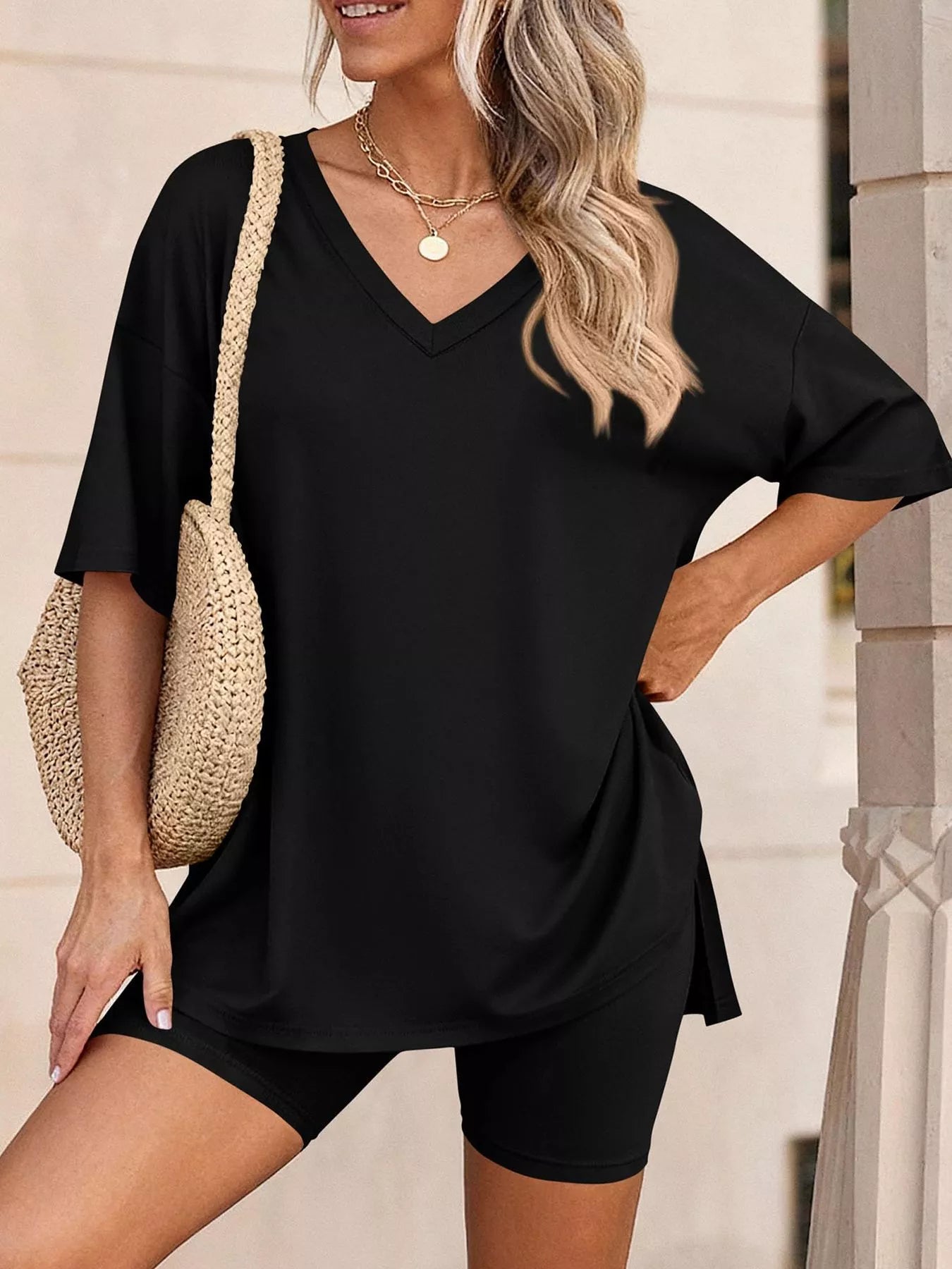Full Size Casual Loose V-Neck T-Shirt & Shorts Set Plus Size New Era Fashion LLc