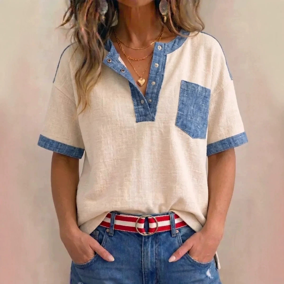 Women's Casual Loose-Fit Color-Block Patchwork Short-Sleeve Top FitiqueFit