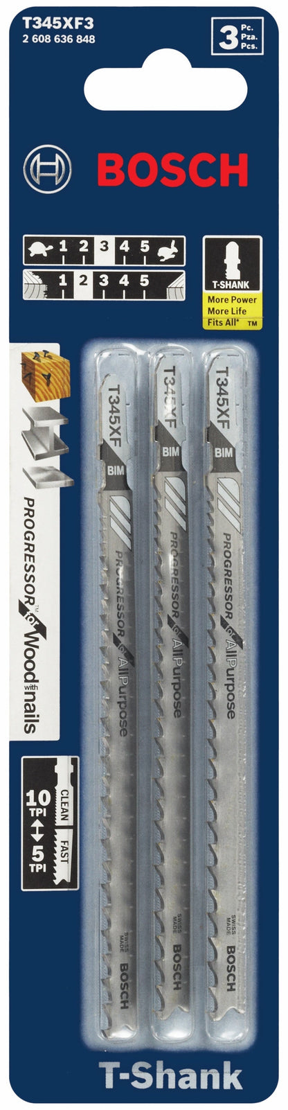 BOSCH T345XF3 3 pc. 5-1/4 In. 5-10P TPI Progressor for Wood with Nails T-Shank Jig Saw Blades VM Hardware
