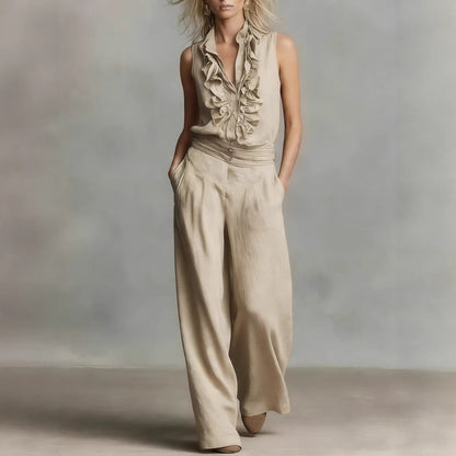 Women’s Linen Blend Two-Piece Set – Sleeveless Shirt & Wide-Leg Pants FitiqueFit