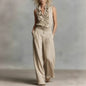 Women’s Linen Blend Two-Piece Set – Sleeveless Shirt & Wide-Leg Pants FitiqueFit
