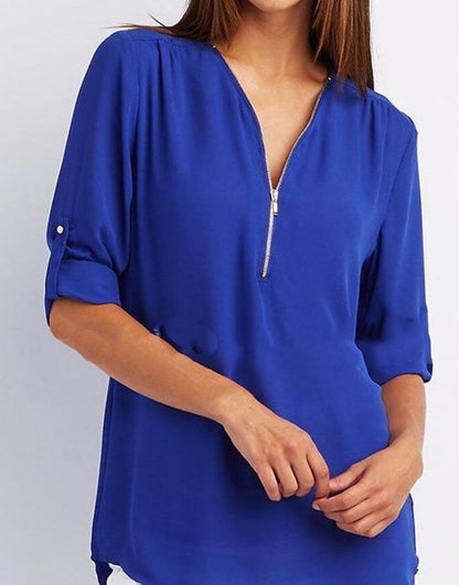 Women's Short-Sleeve Zip V-Neck Loose Top FitiqueFit
