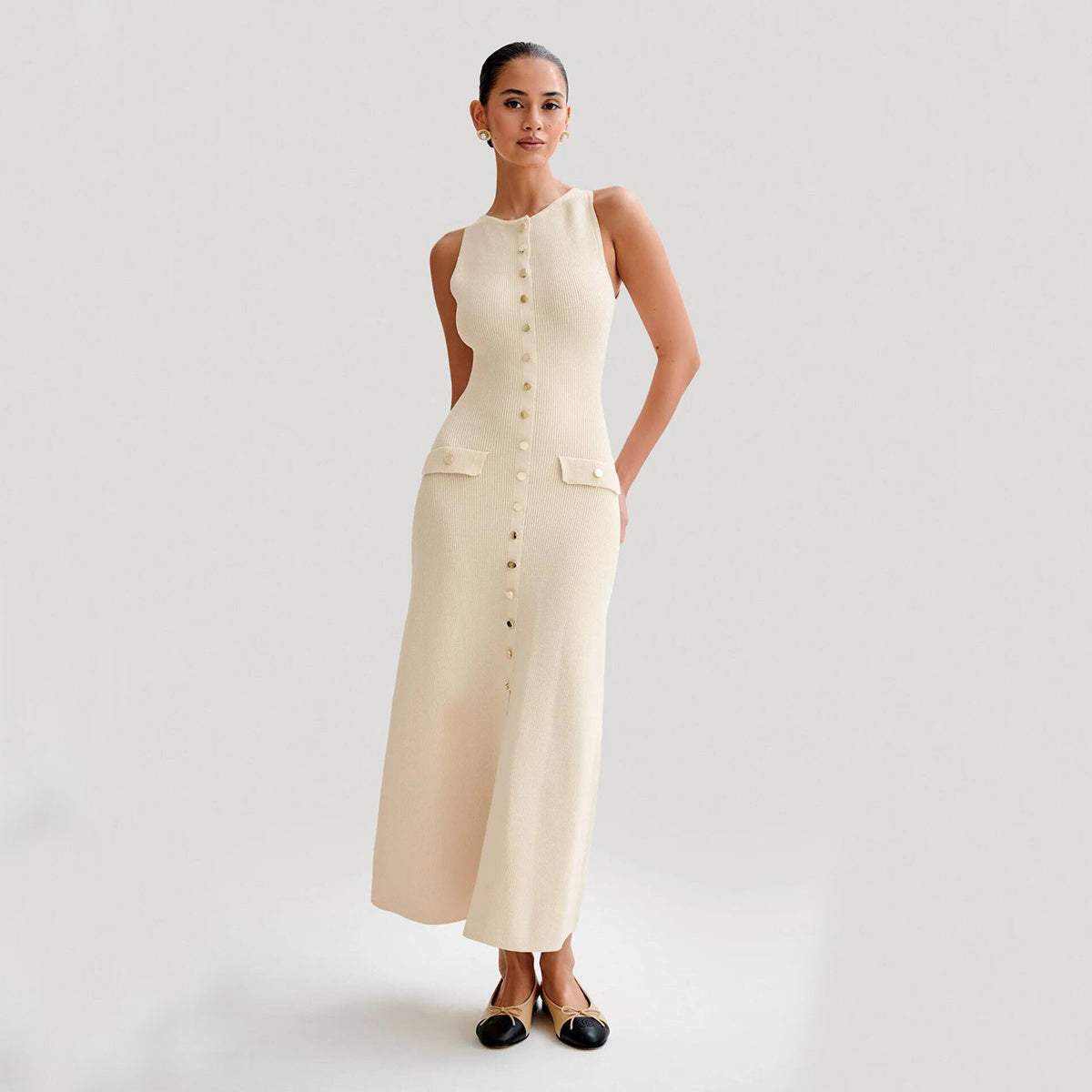 Elegant Knitted Sleeveless Dress With Single Breast Fashion Slim Round Neck Long Dresses Womens Clothing Grayceful LLC