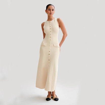Elegant Knitted Sleeveless Dress With Single Breast Fashion Slim Round Neck Long Dresses Womens Clothing Grayceful LLC
