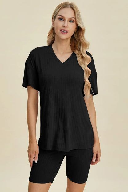 Basic Bae Full Size Ribbed V-Neck Short Sleeve Top and Shorts Set New Era Fashion LLc