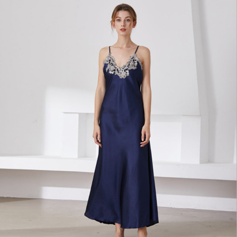 Imitated Silk Lace Sexy V-neck Long Slip Nightdress Pajamas Homewear Grayceful LLC