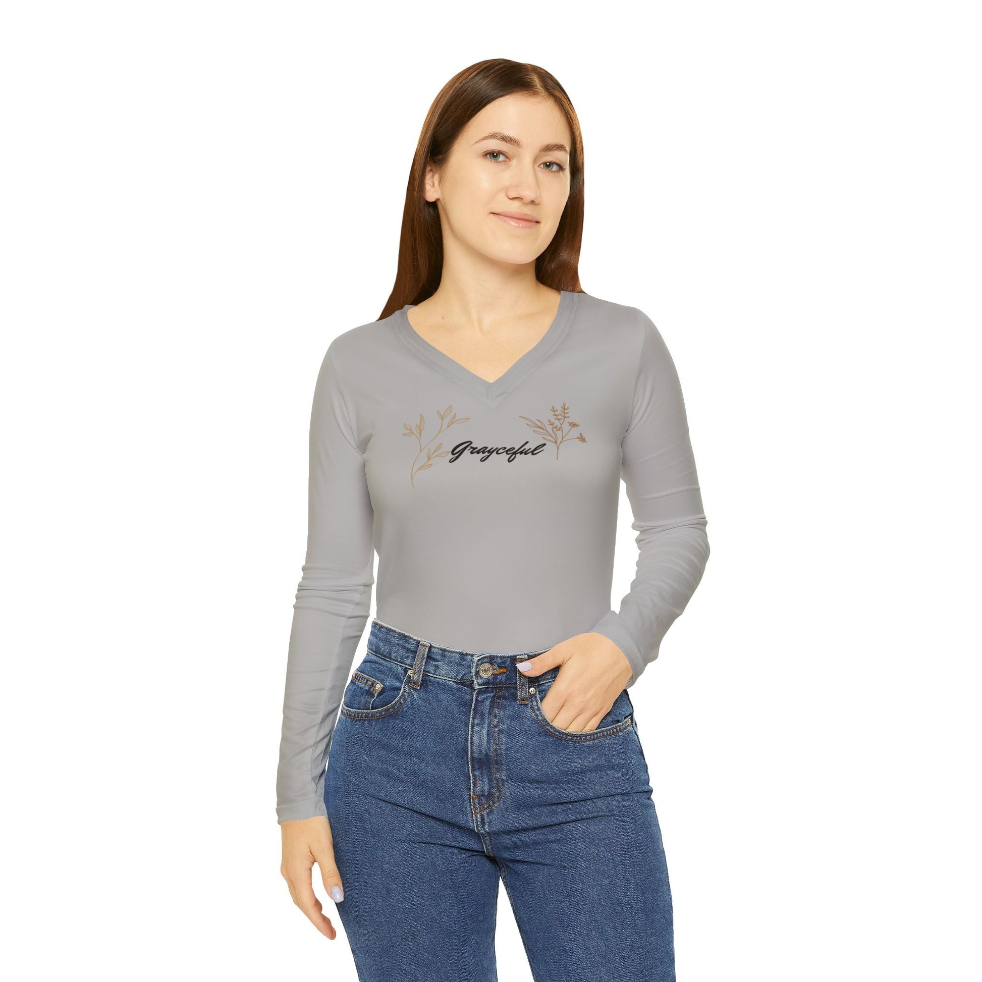 Grayceful Floral Long Sleeve V-neck Shirt for Women, Cozy Casual Wear, Gift for Grayceful LLC
