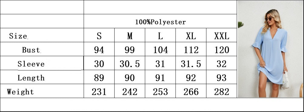 European American Summer New Solid Color And V-neck Loose Pleated Half-length Sleeve Dress Grayceful LLC