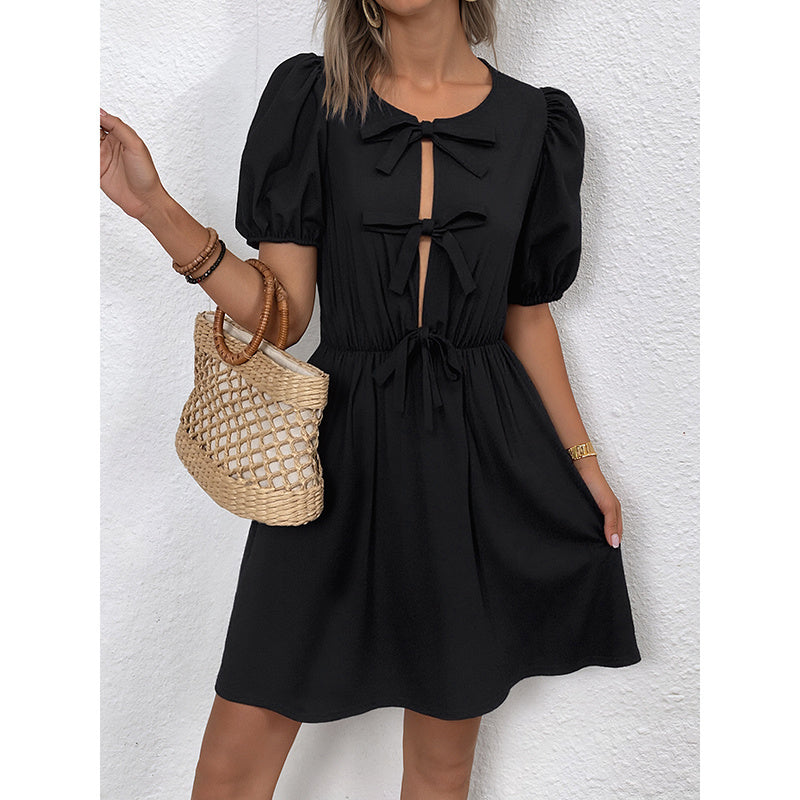 Women’s Striped Tie-Front Puff Sleeve Mini Dress FitiqueFit