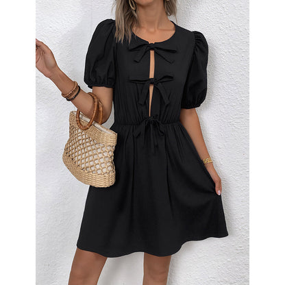 Women’s Striped Tie-Front Puff Sleeve Mini Dress FitiqueFit