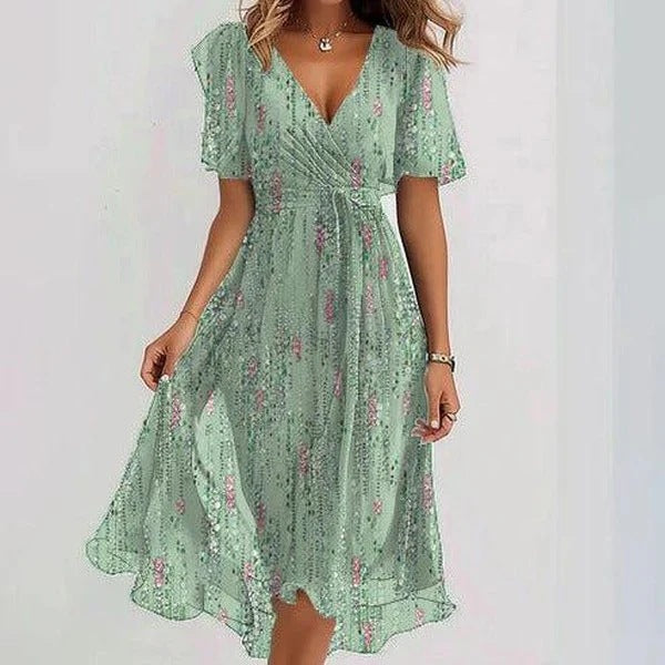Floral Print A-Line Dress – V-Neck Short Sleeve Midi Dress FitiqueFit