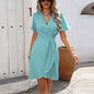 Pleated Cross V-Neck Midi Dress – Tight Waist Short Sleeve Elegant Dress FitiqueFit