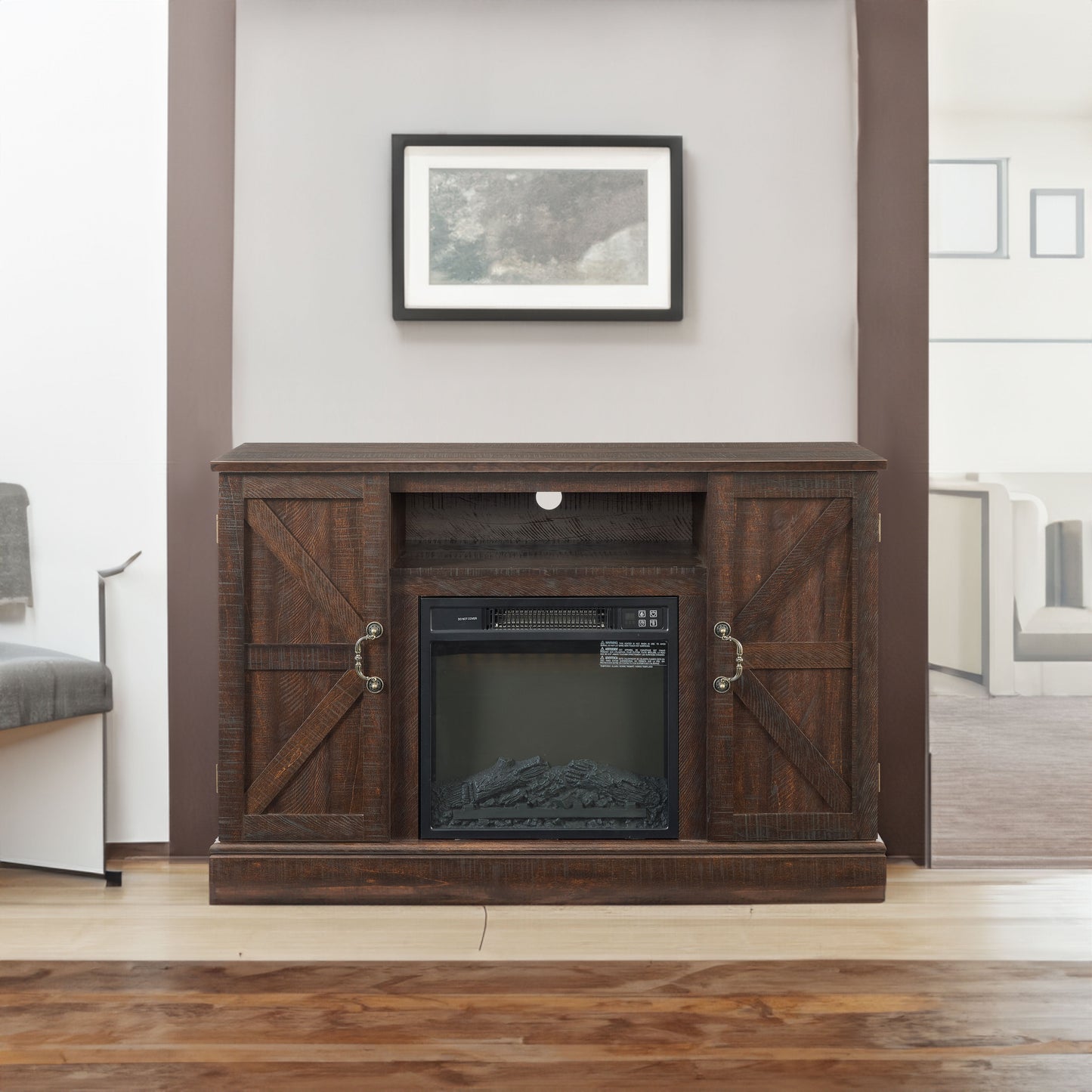 Farmhouse Classic Media TV Stand Antique Entertainment Console for TV up to 50" with 18" Electric Fireplace Insert V.I.P Digital Presence