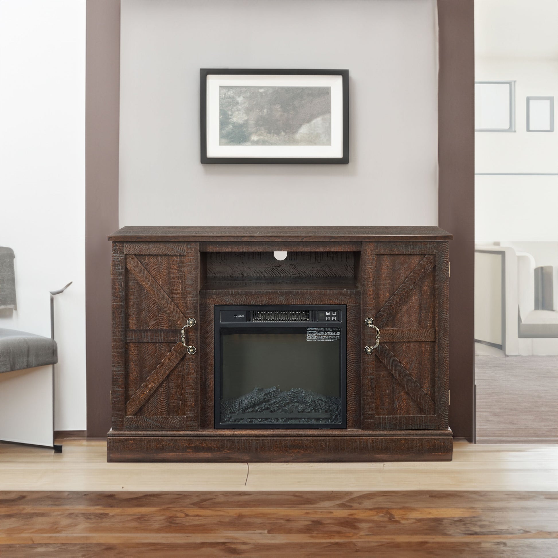 Farmhouse Classic Media TV Stand Antique Entertainment Console for TV up to 50" with 18" Electric Fireplace Insert V.I.P Digital Presence