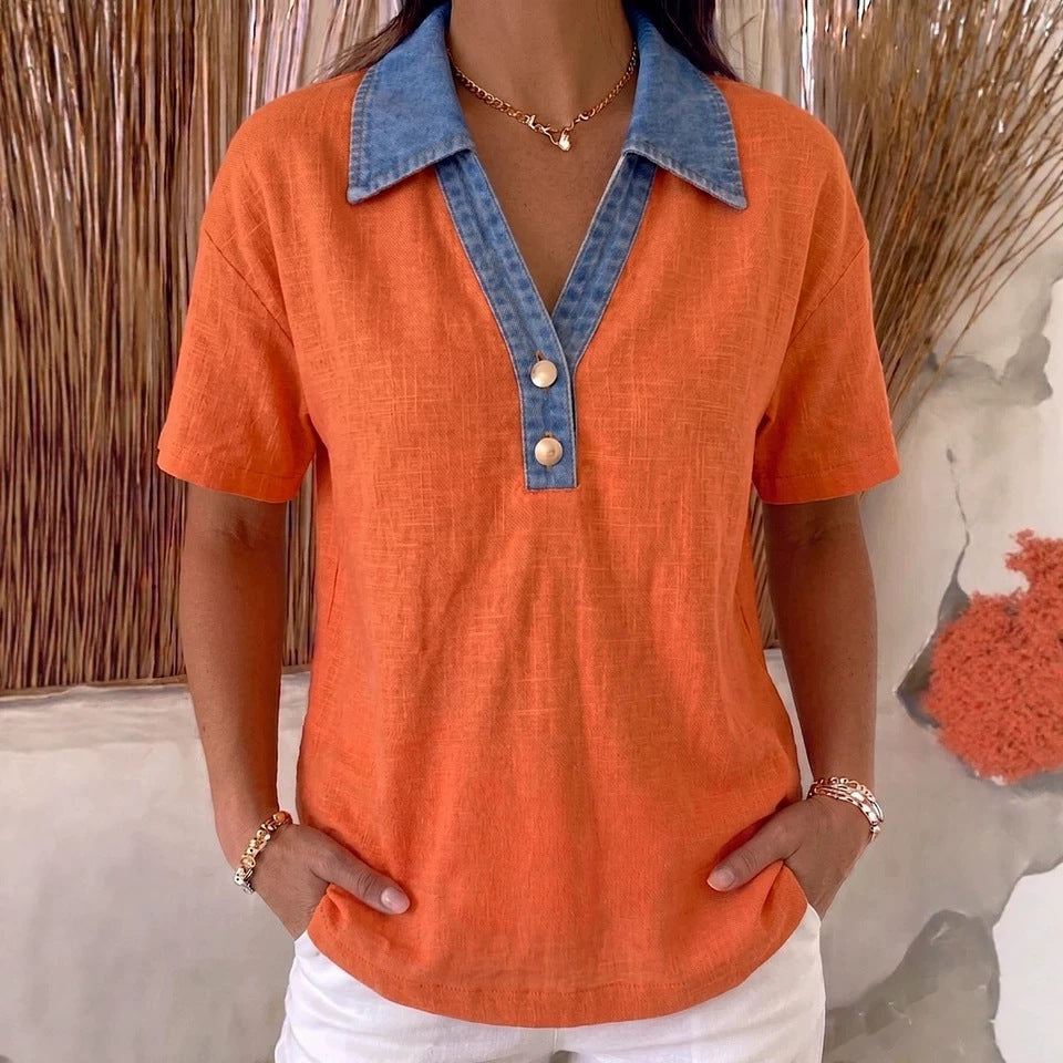 Women's Denim-Trimmed Linen Cotton Contrast Shirt FitiqueFit