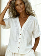 Women's Loose-Fit Faux Linen Embroidered Button-Up Top FitiqueFit