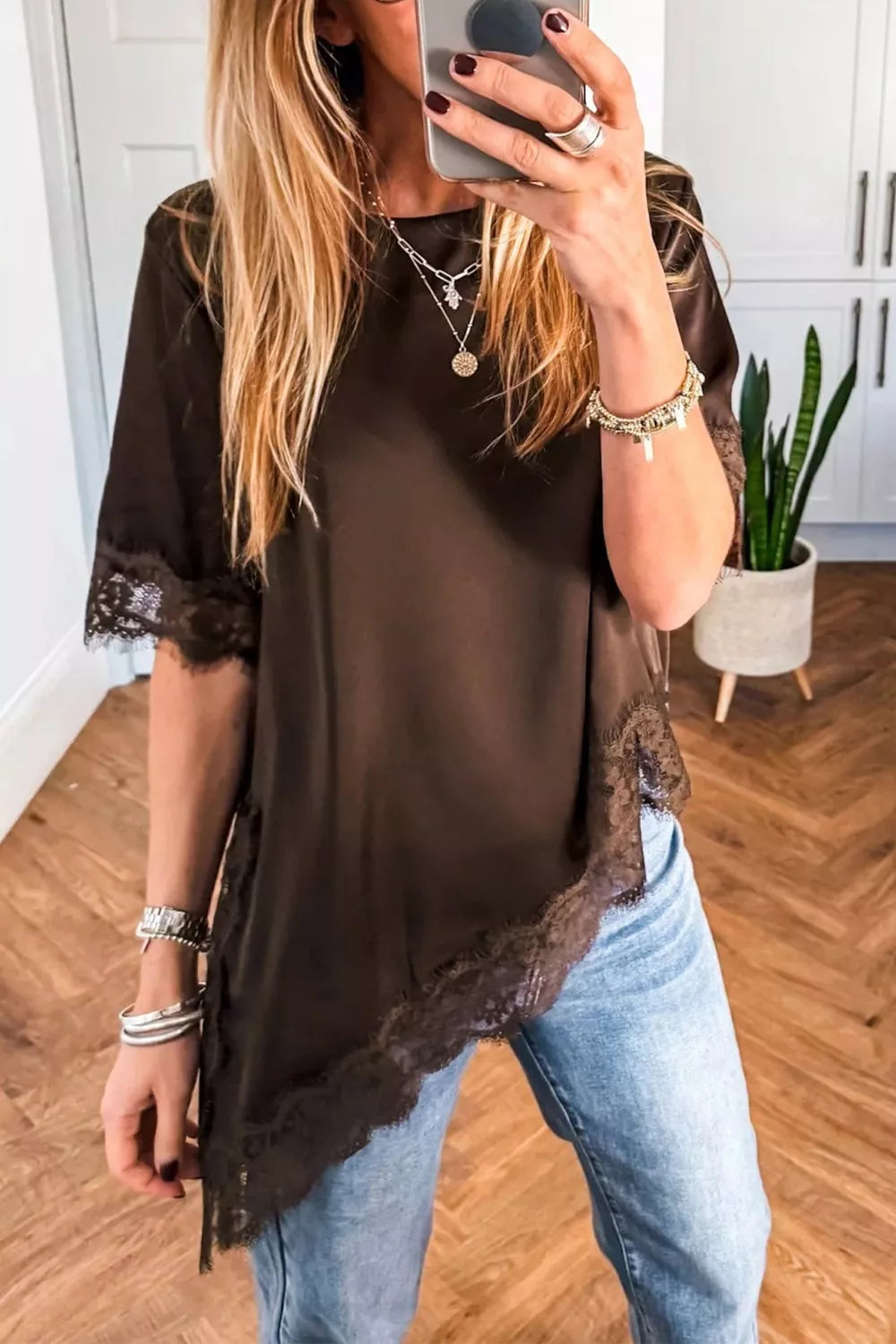 Asymmetric Lace Trim Short Sleeve Satin Top New Era Fashion LLc