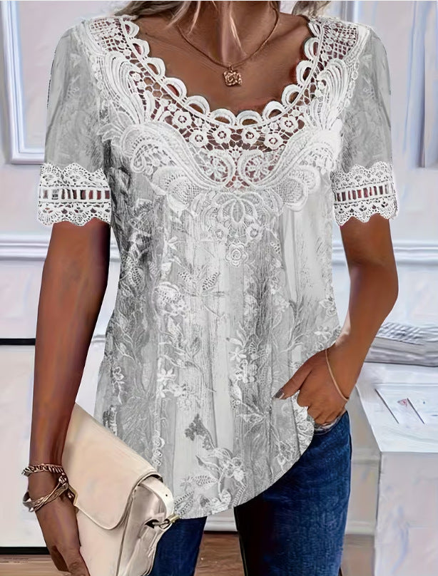 Women's Lace Patchwork Crew Neck Short Sleeve T-Shirt FitiqueFit