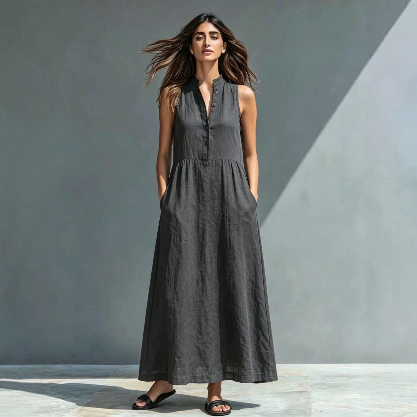 Women's Stand-Collar A-Line Maxi Dress – Resort & Vacation Style FitiqueFit