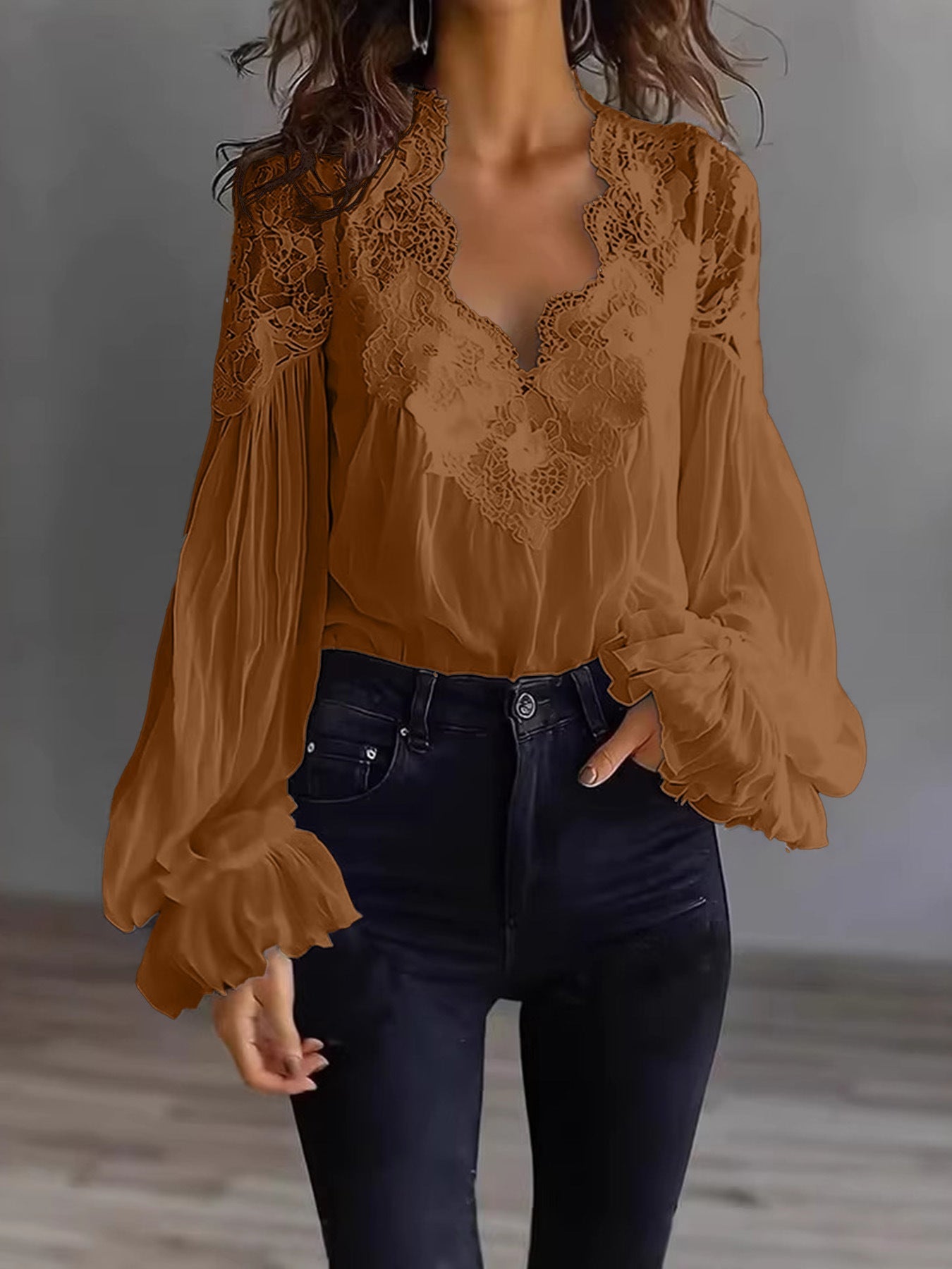 Lace-Panel Puff Sleeve Pleated Ruffle Shirt | Ballet Style FitiqueFit