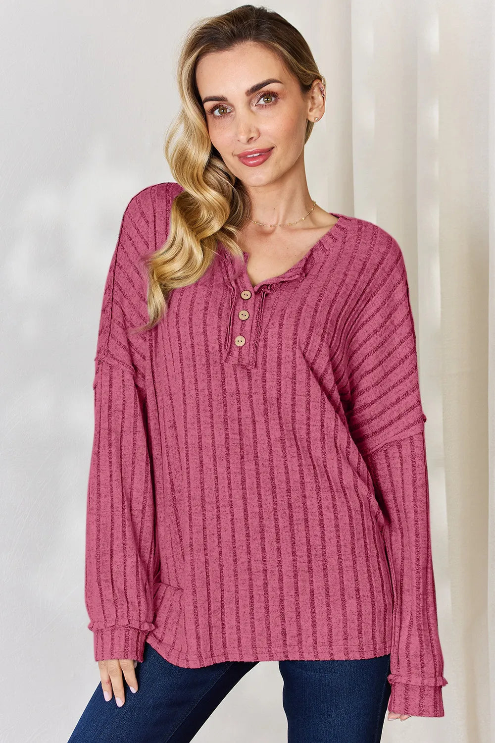 Basic Bae Full Size Ribbed Half Button Long Sleeve T-Shirt New Era Fashion LLc