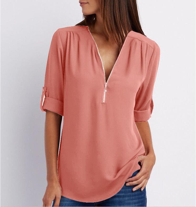 Women's Short-Sleeve Zip V-Neck Loose Top FitiqueFit