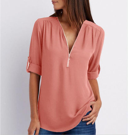 Women's Short-Sleeve Zip V-Neck Loose Top FitiqueFit
