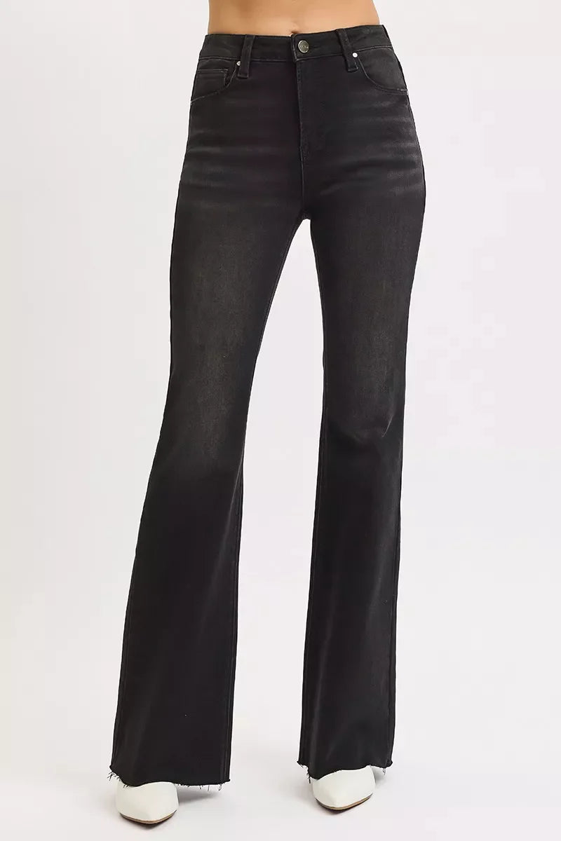 RISEN Full Size High Rise Flare Raw Cut Hem Jeans Plus Size Garden Naked Curves